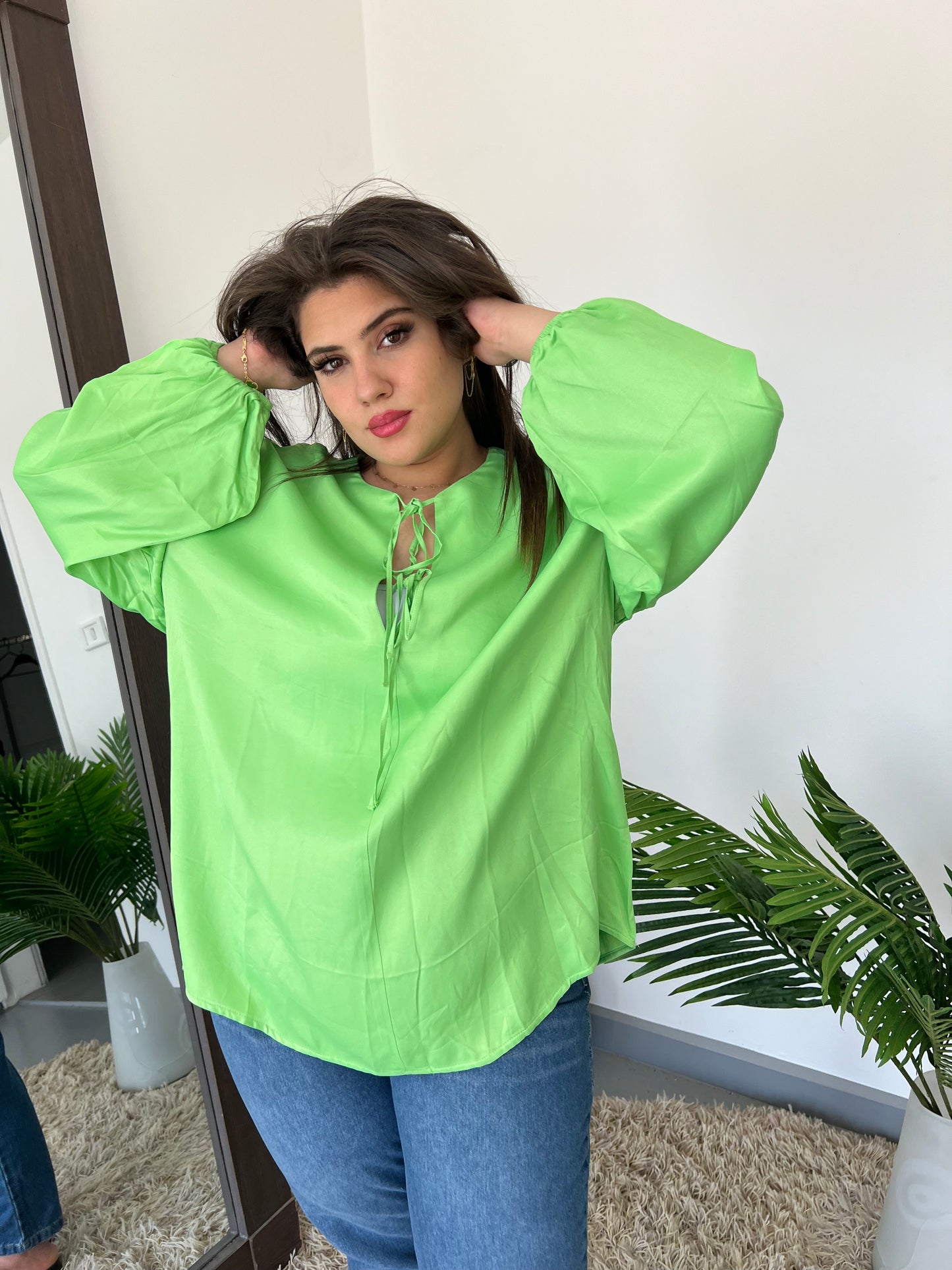 green satin blouse