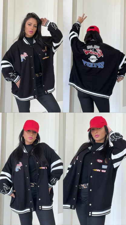 Racing Black Oversized Varsity Jacket